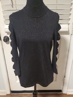 Cece Black Sparkle Open Sleeve Turtleneck Top